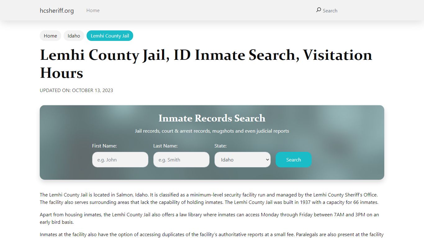 Lemhi County Jail, ID Inmate Search, Visitation Hours